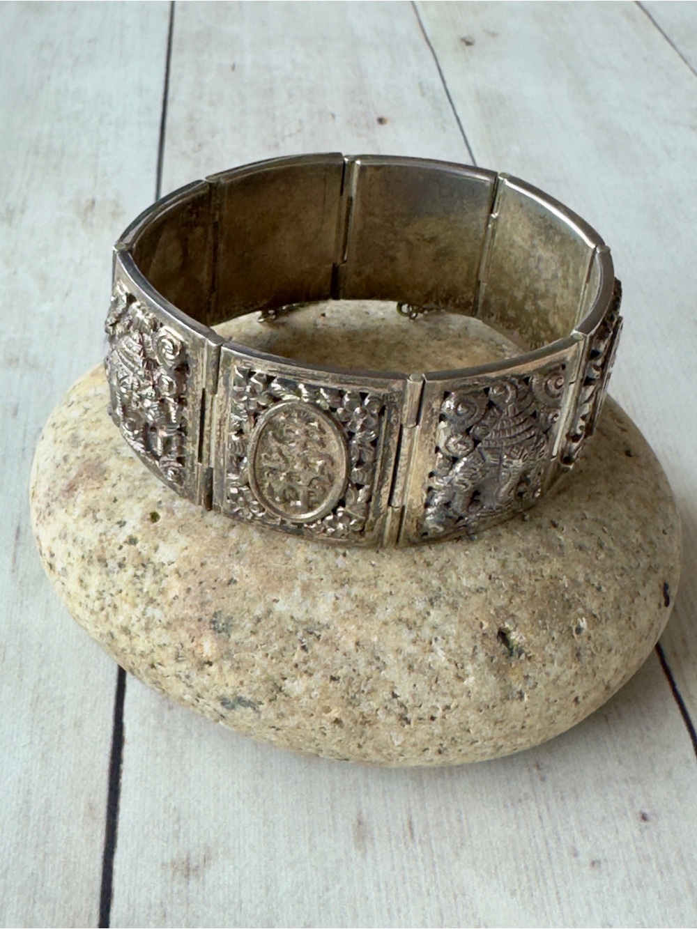 Vintage Style Sterling Silver Asian Motif Panel Bracelet